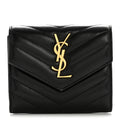 Lambskin Matelasse Chevron Monogram Compact Tri Fold Wallet Black