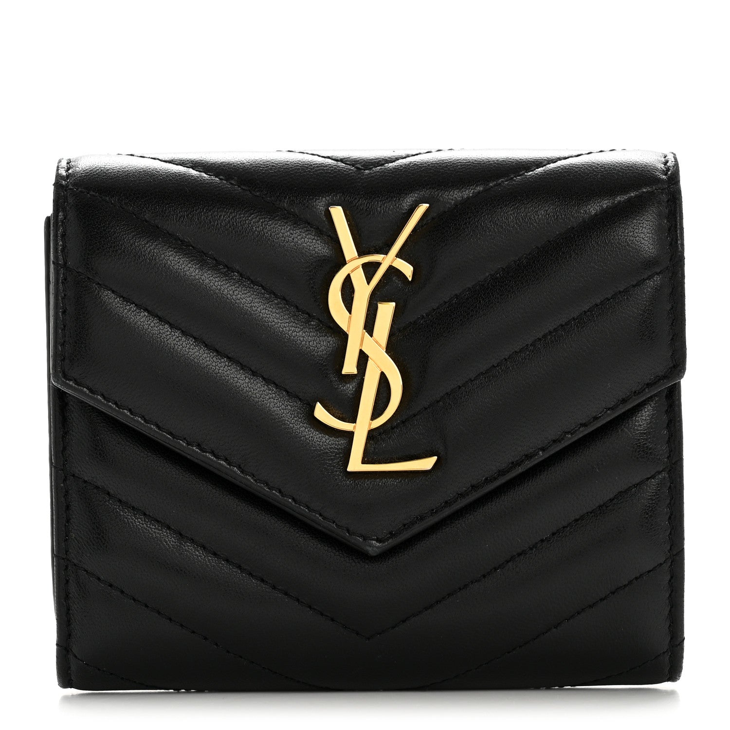 Lambskin Matelasse Chevron Monogram Compact Tri Fold Wallet Black