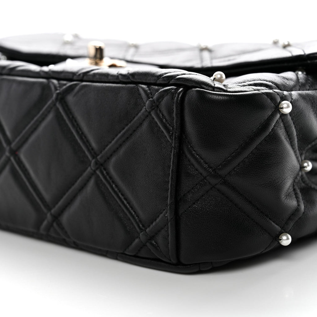 Lambskin Quilted Pearl Studded Flap Black