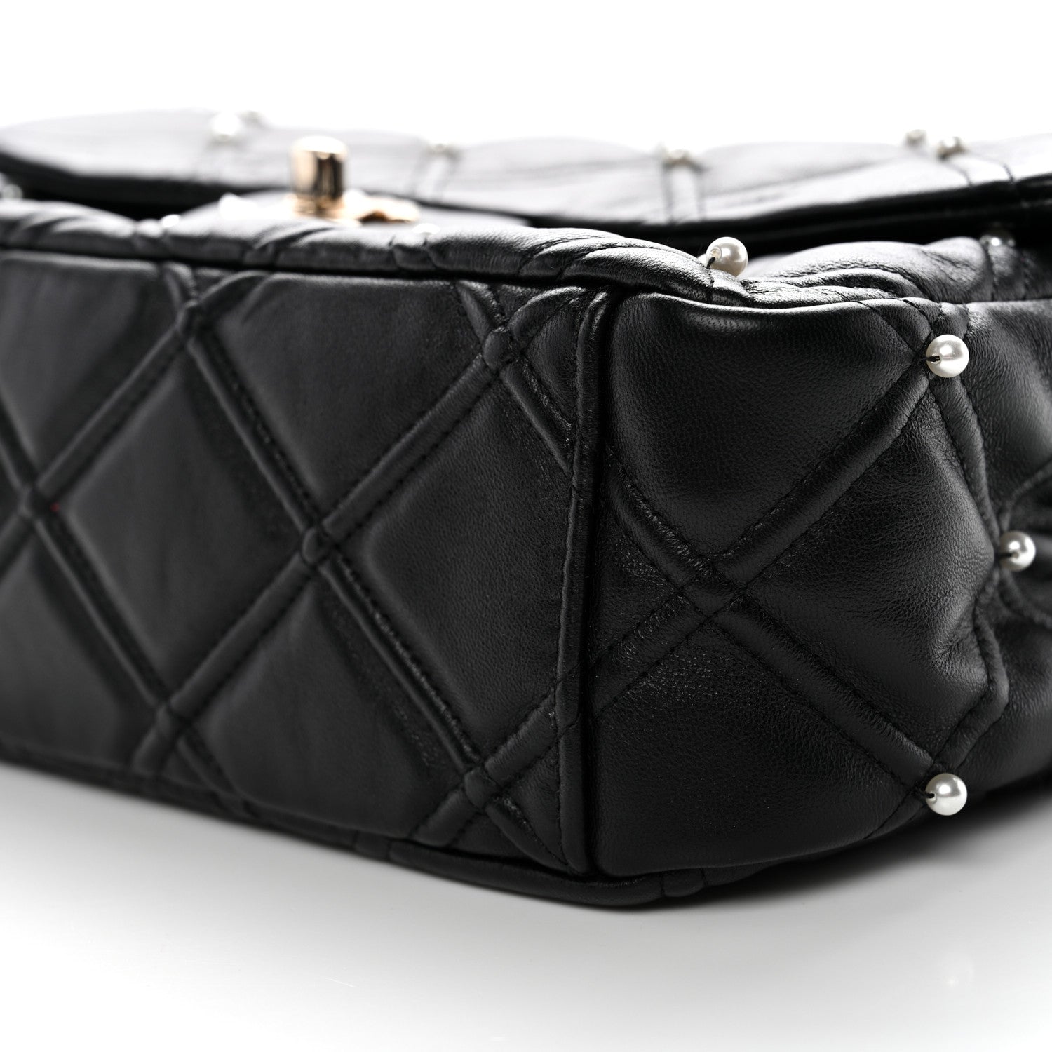 Lambskin Quilted Pearl Studded Flap Black