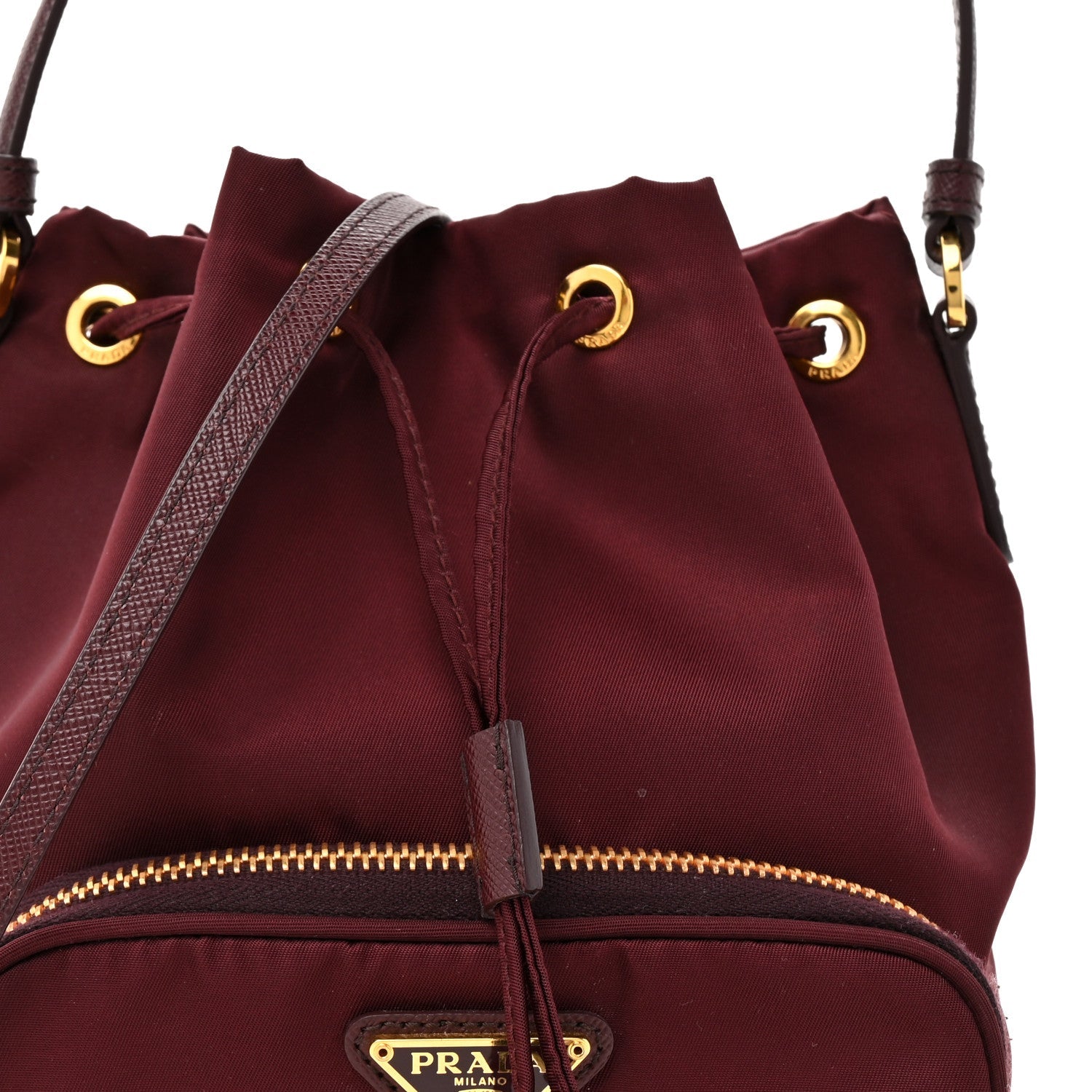Saffiano Tessuto Nylon Mini Bucket Crossbody Bag Granato