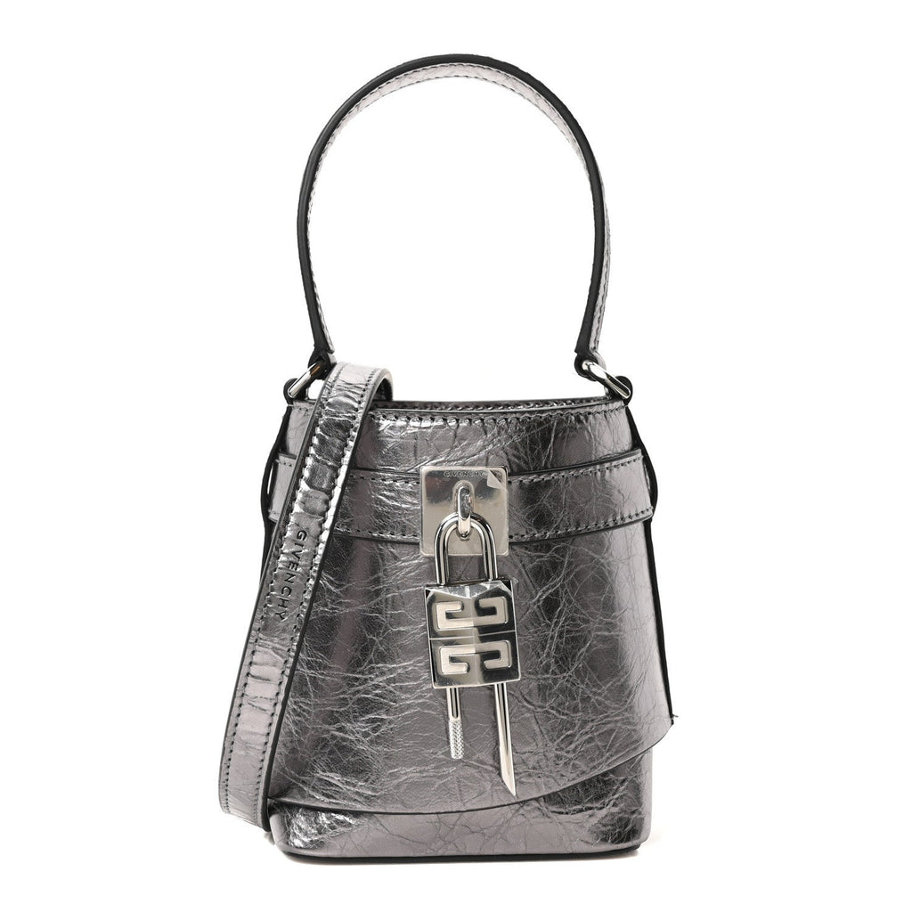 Laminated Lambskin Micro Shark Lock Bucket Bag Silvery Grey