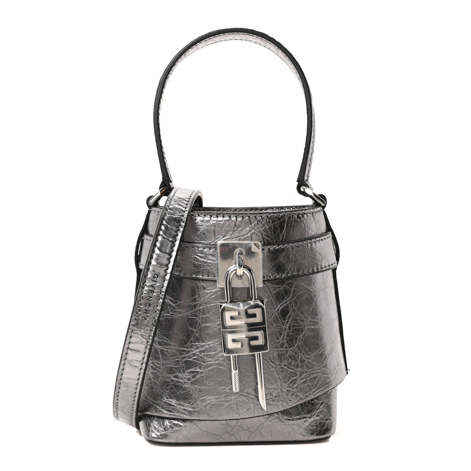 Laminated Lambskin Micro Shark Lock Bucket Bag Silvery Grey