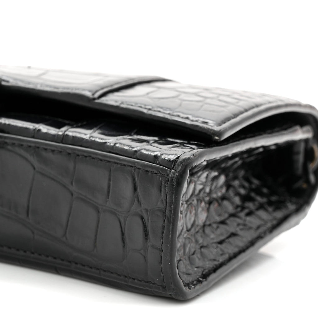Shiny Calfskin Monochrome Crocodile Embossed Hourglass Chain Bag Black