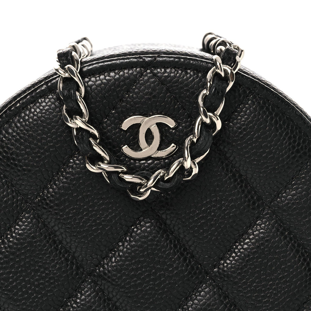 Caviar Quilted Round Clutch With Chain Black