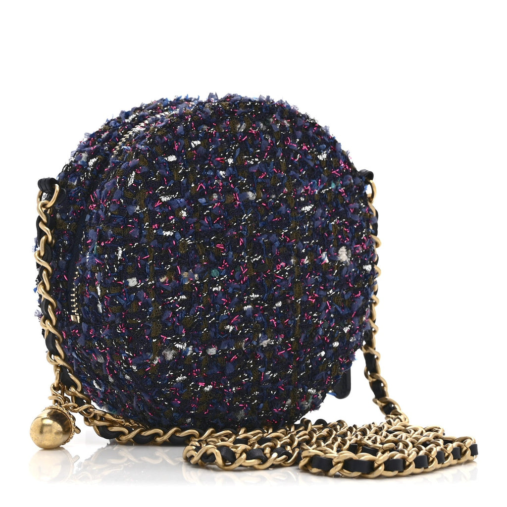 Tweed Quilted Round Clutch With Chain Multicolor