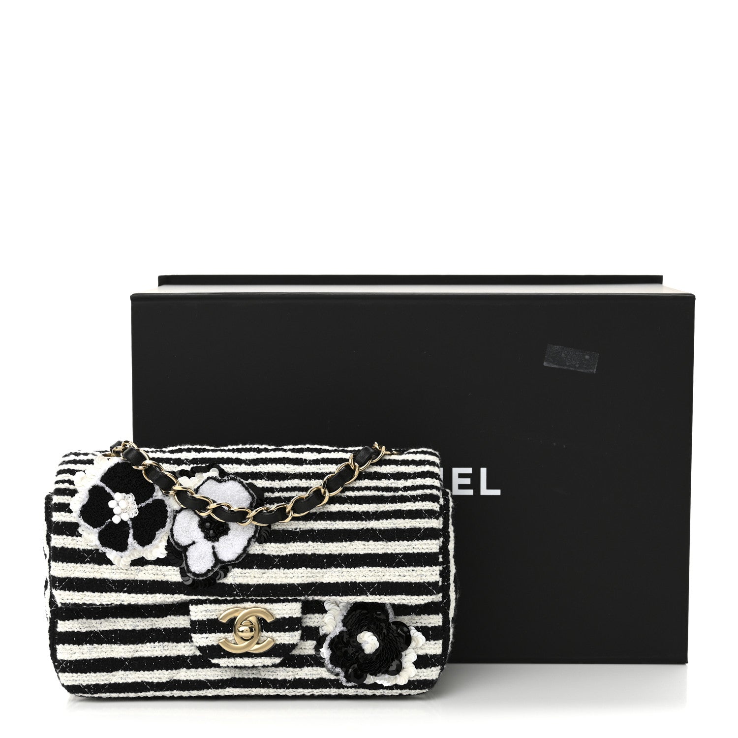 Striped Tweed Sequin Quilted Camellia Embellished Mini Rectangular Flap Ecru Black