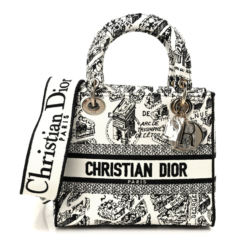 Canvas Embroidered Plan de Paris Medium Lady D-Lite White Black