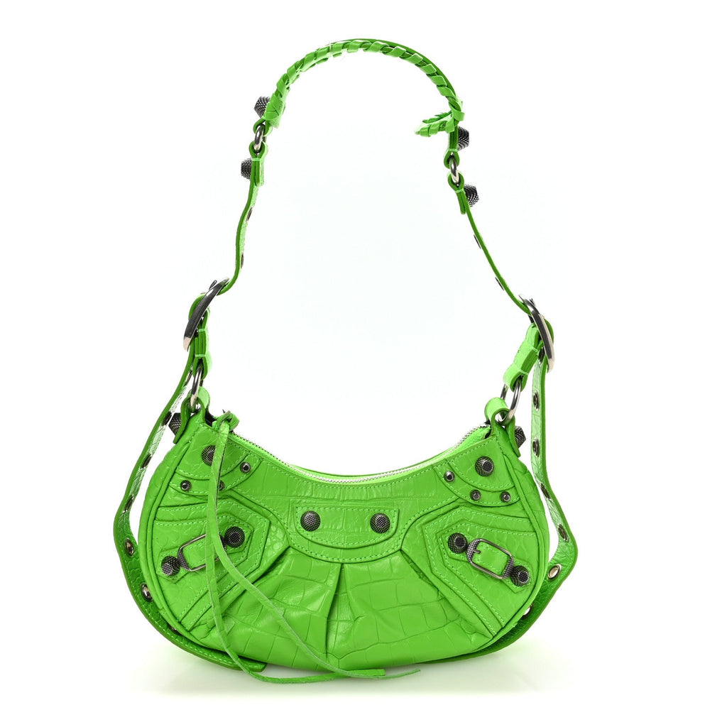 Extra Supple Calfskin Crocodile Embossed Le Cagole Shoulder Bag XS Acid Green