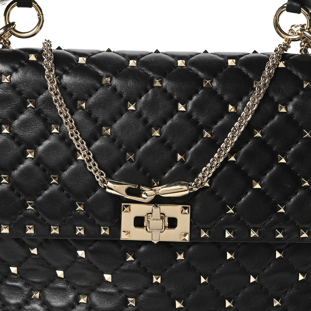 Craquele Nappa Large Rockstud Spike Shoulder Bag Black