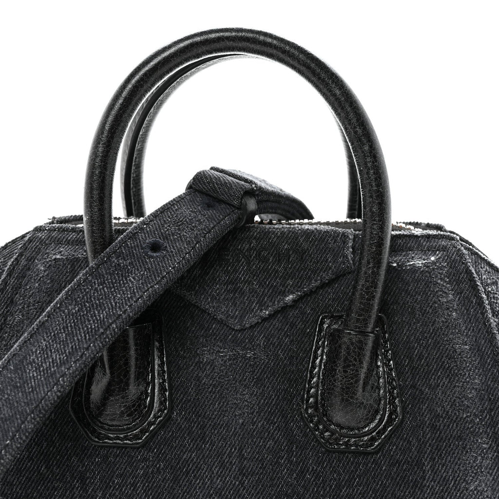 Washed Denim Mini Antigona Shoulder Bag Black