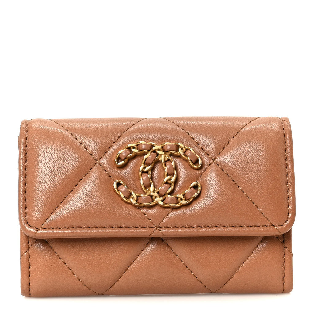 Lambskin Quilted Chanel 19 Flap  Holder Brown