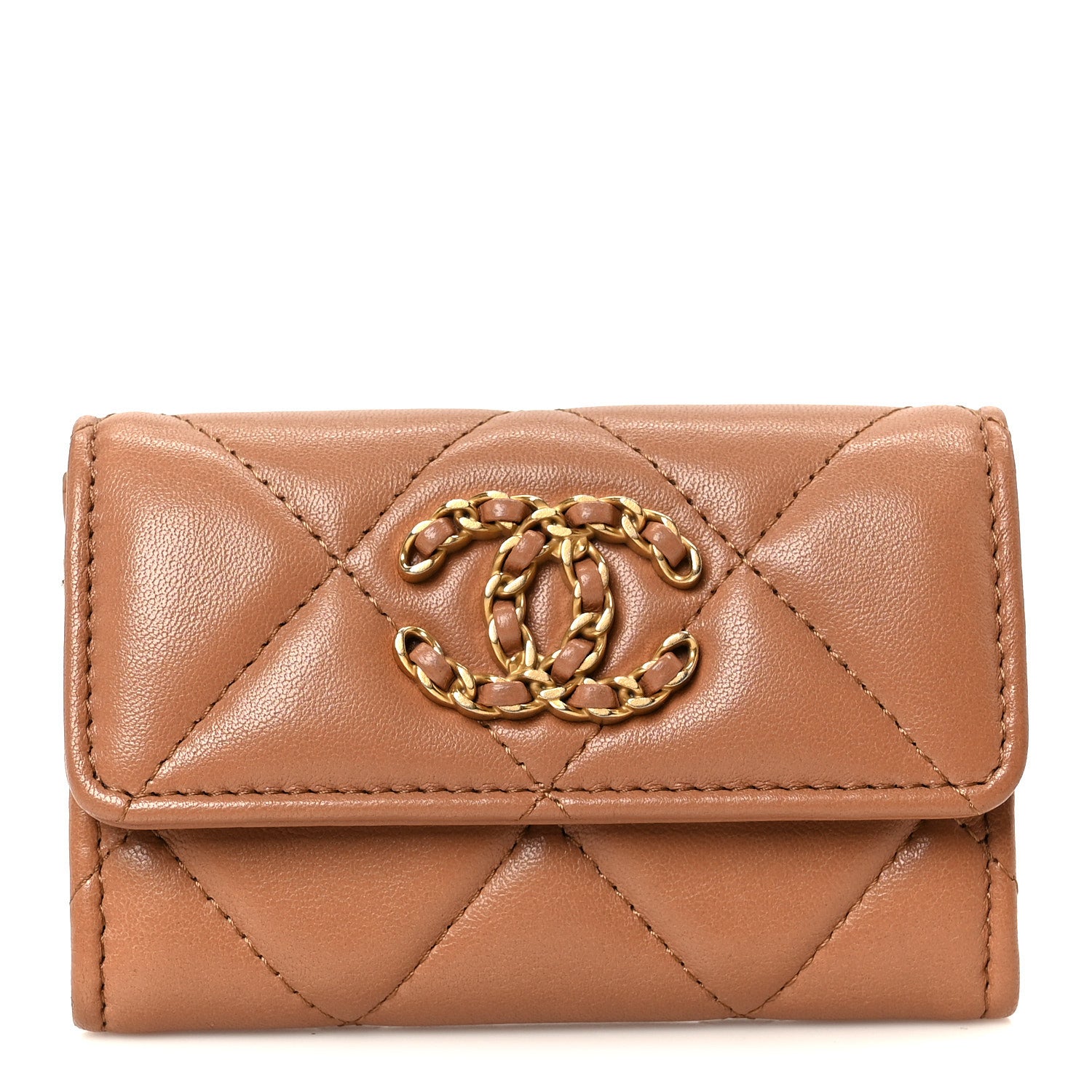 Lambskin Quilted Chanel 19 Flap  Holder Brown