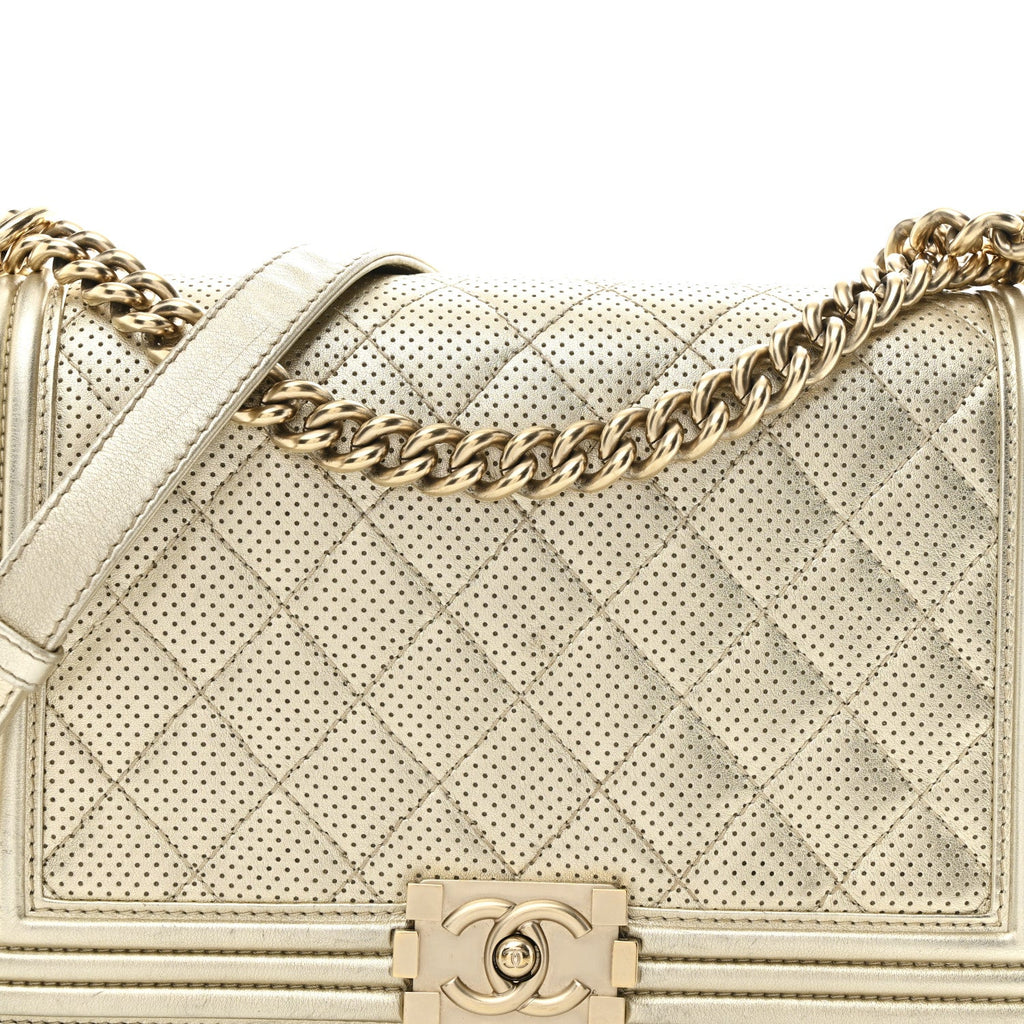 Lambskin Perforated Quilted New Medium Boy Flap Gold