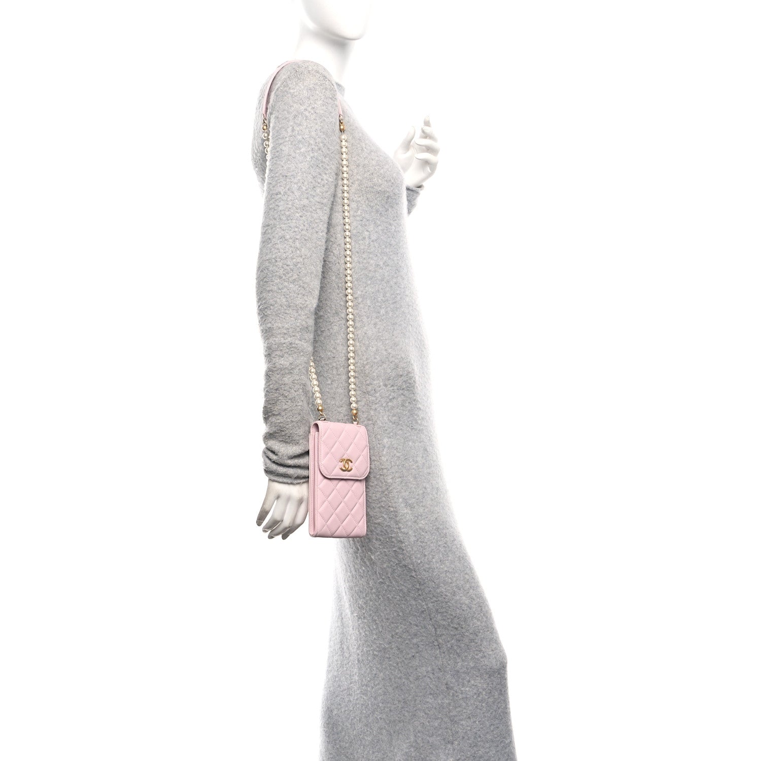 Lambskin Quilted Pearl Phone Holder With Chain Pink