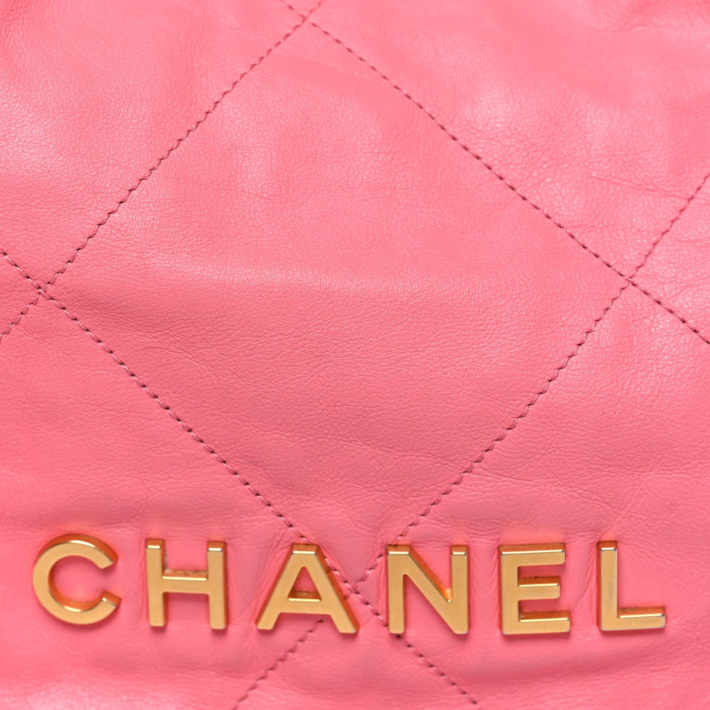 Shiny Calfskin Quilted Chanel 22 Drawstring Bag Coral Pink