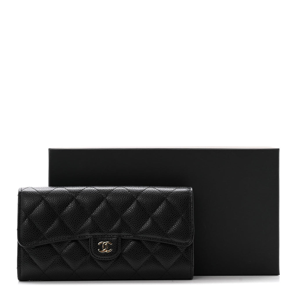 Caviar Quilted Large Gusset Flap Wallet Black