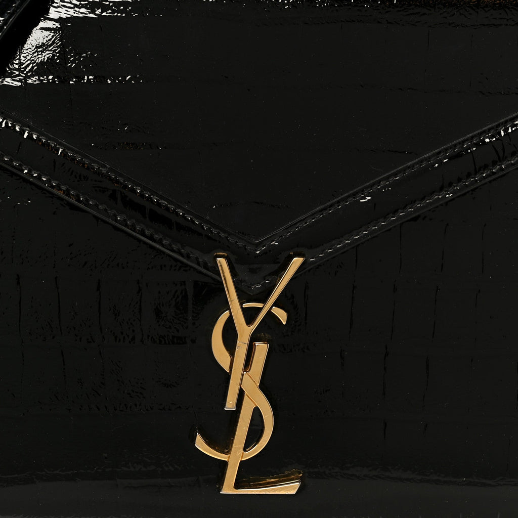 Calfskin Crocodile Embossed Medium Classic Monogram Cassandra Top Handle Black
