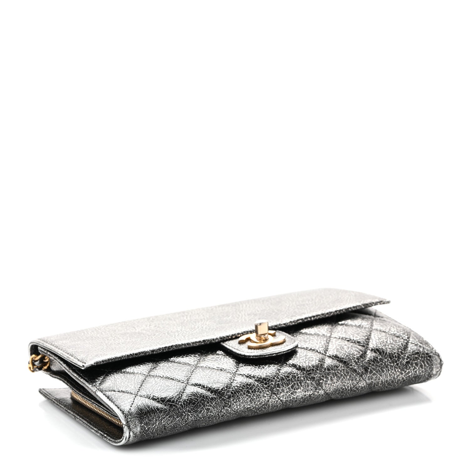 Cracked Metallic Calfskin Quilted Zip Away Chain Clutch Dark Silver