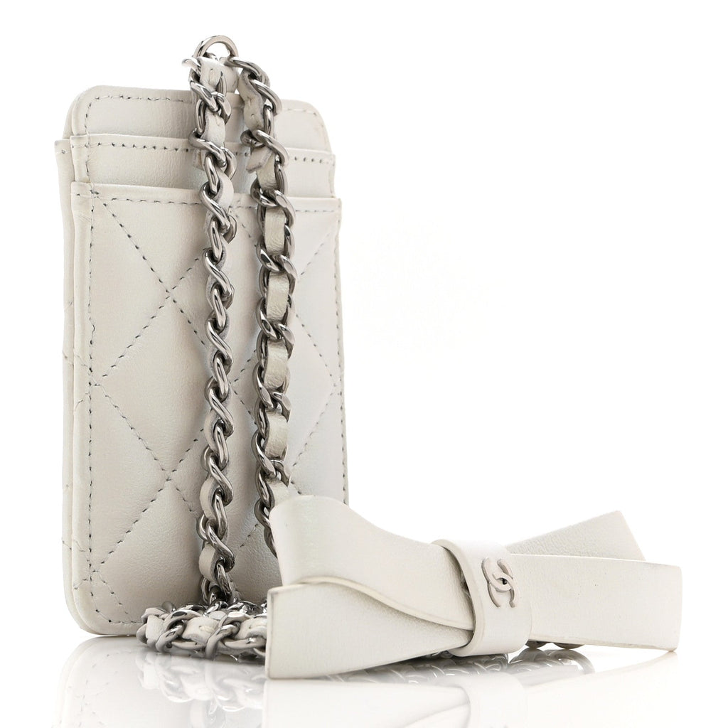 Iridescent Lambskin Quilted Coco Bow  Holder On Chain White