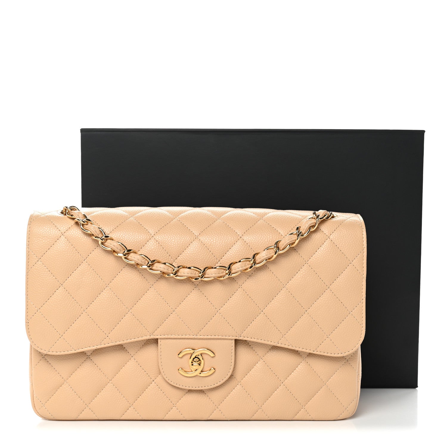 Caviar Quilted Jumbo Double Flap Light Beige