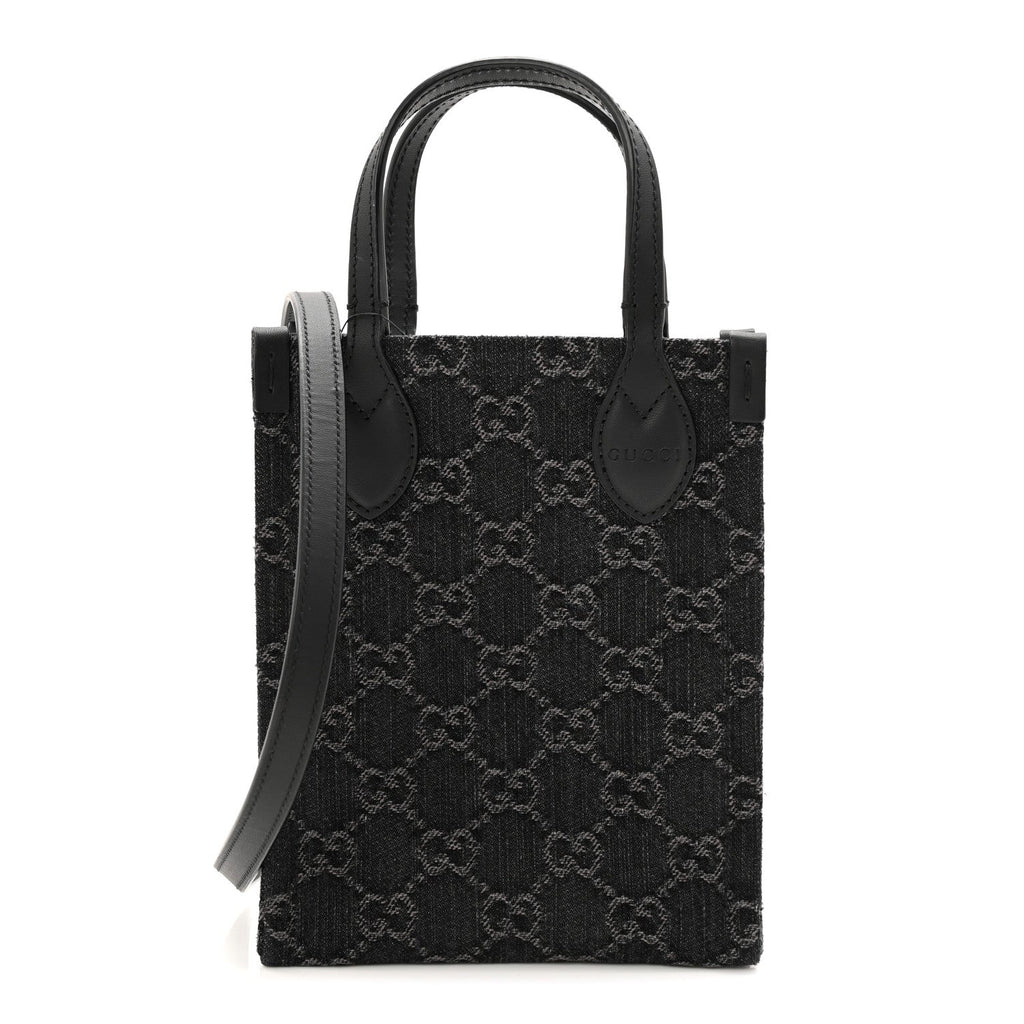Denim Cuoio Harness GG Monogram Mini Ophidia Tote Bag Black Medium Grey
