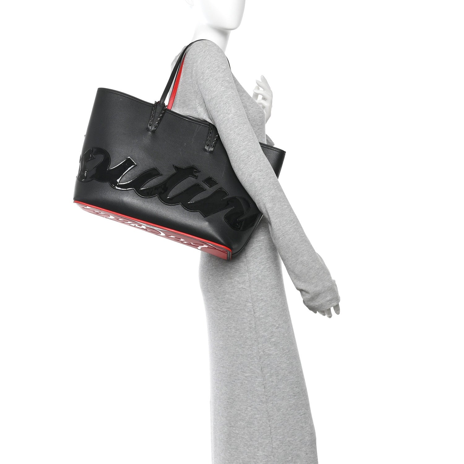 Calfskin Patent Logo Spikes East West Cabata Tote Black