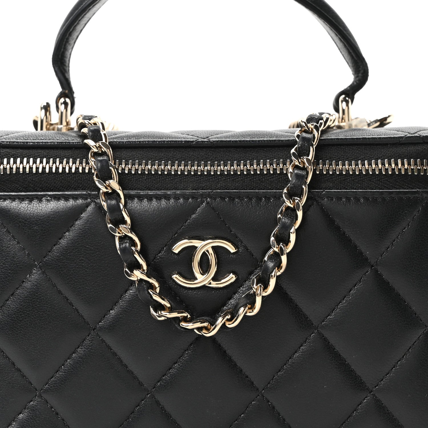 Lambskin Quilted Small Top Handle Vanity Case With Chain Black
