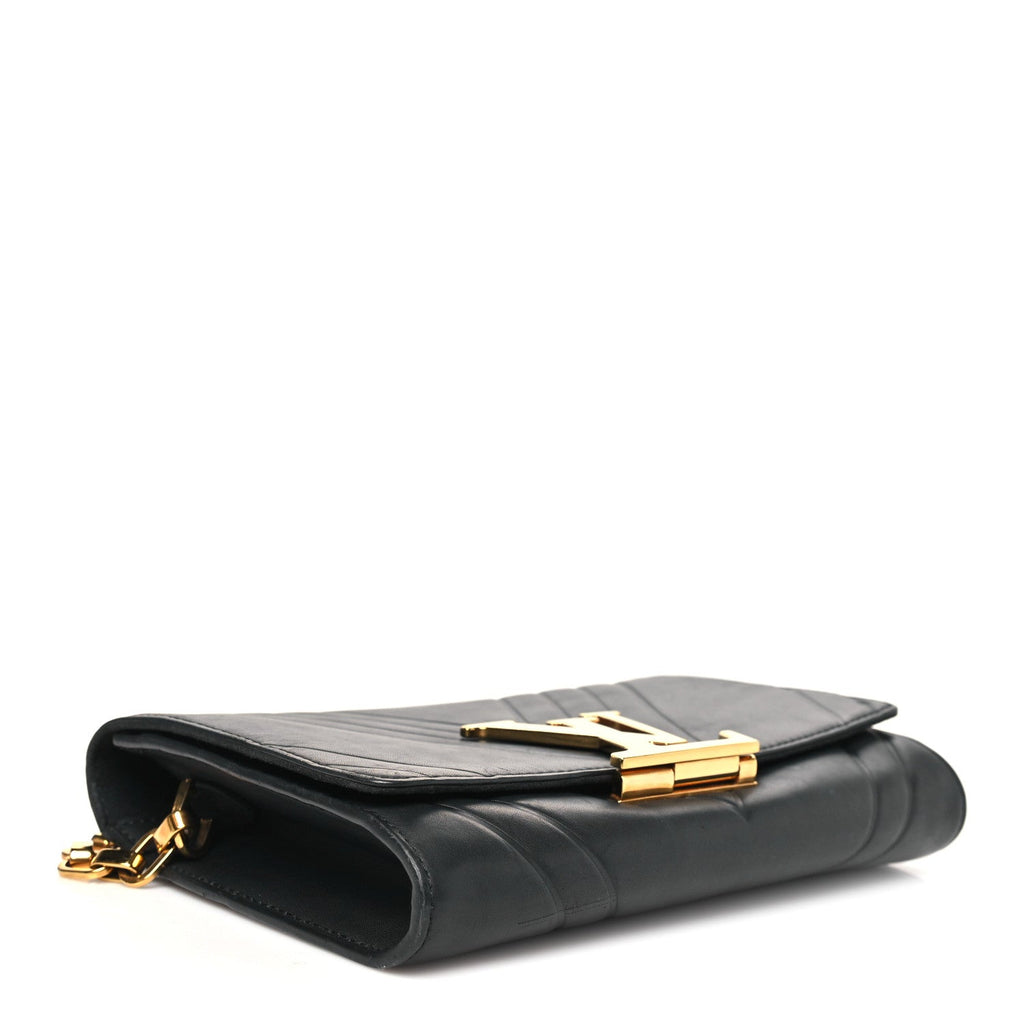 Calfskin Airy V Embossed Pochette Chain Louise GM  Black