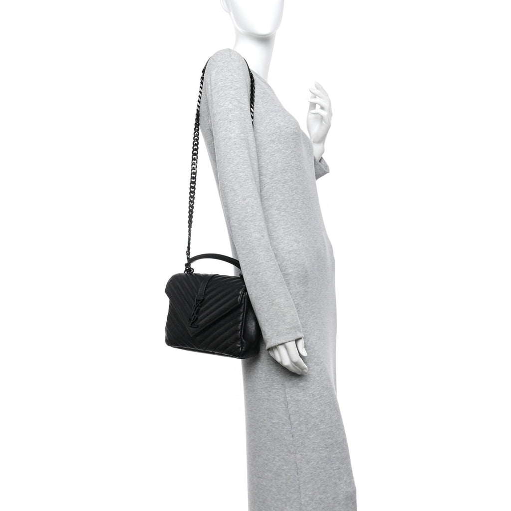 Sheepskin Matelasse Chevron Monogram Monochrome Medium College Bag Black