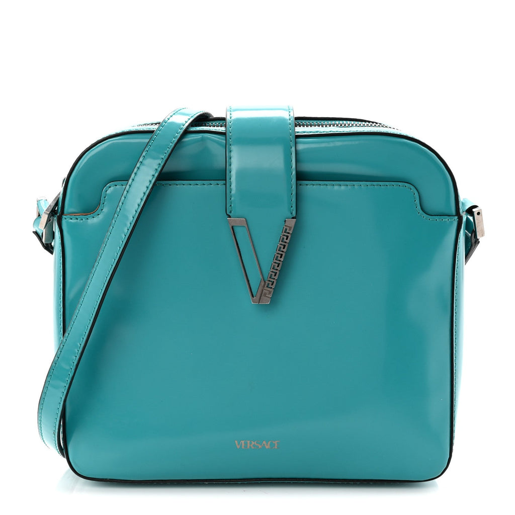 Shiny Calfskin V Greca Messenger Bag Teal