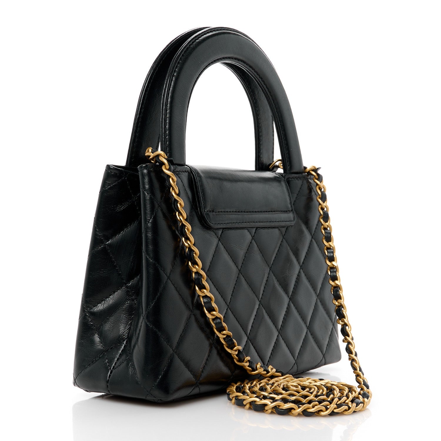 Shiny Aged Calfskin Quilted Nano Kelly Shopper Black