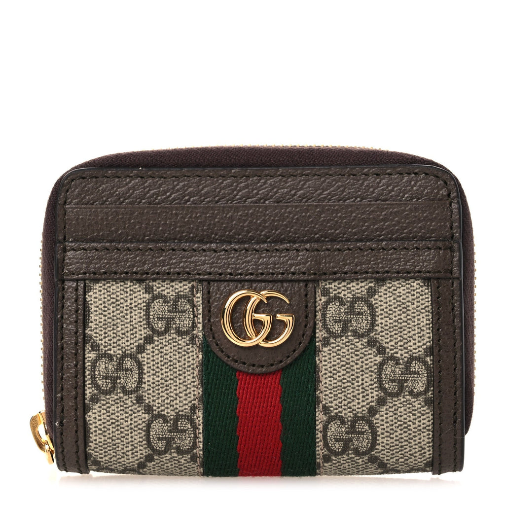 GG Supreme Monogram Textured Dollar Calfskin Web Ophidia Zip Around  Case Wallet Beige Ebony New Acero