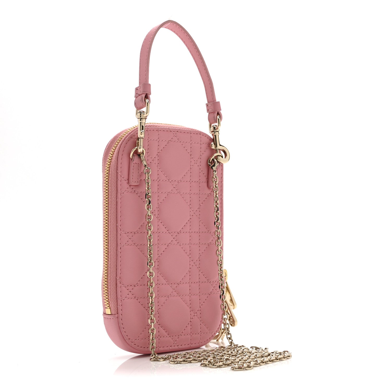 Lambskin Cannage Lady Dior Phone Holder Deep Nude