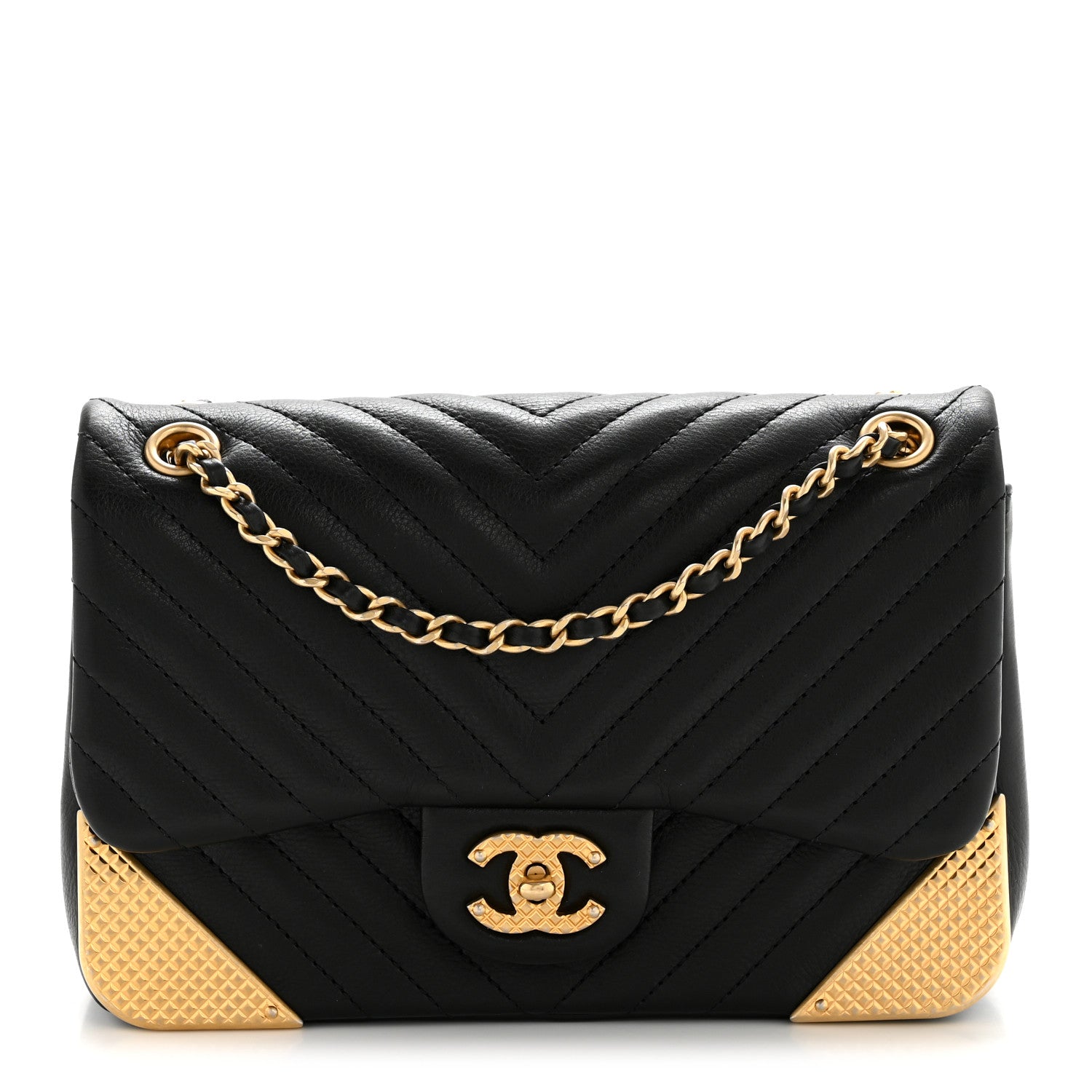Calfskin Chevron Quilted Mini Rock The Corner Flap Black