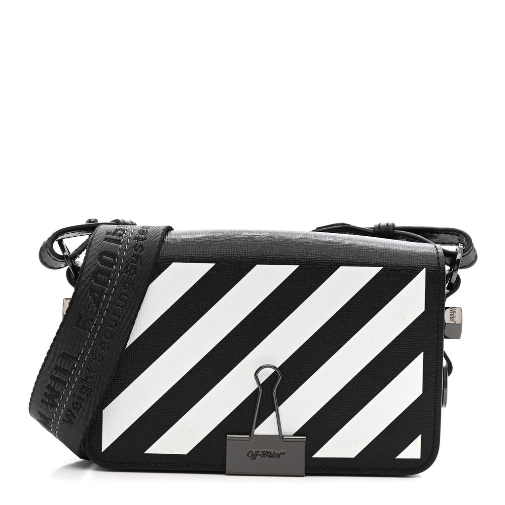 Saffiano Striped Mini Diag Binder Clip Bag Black White