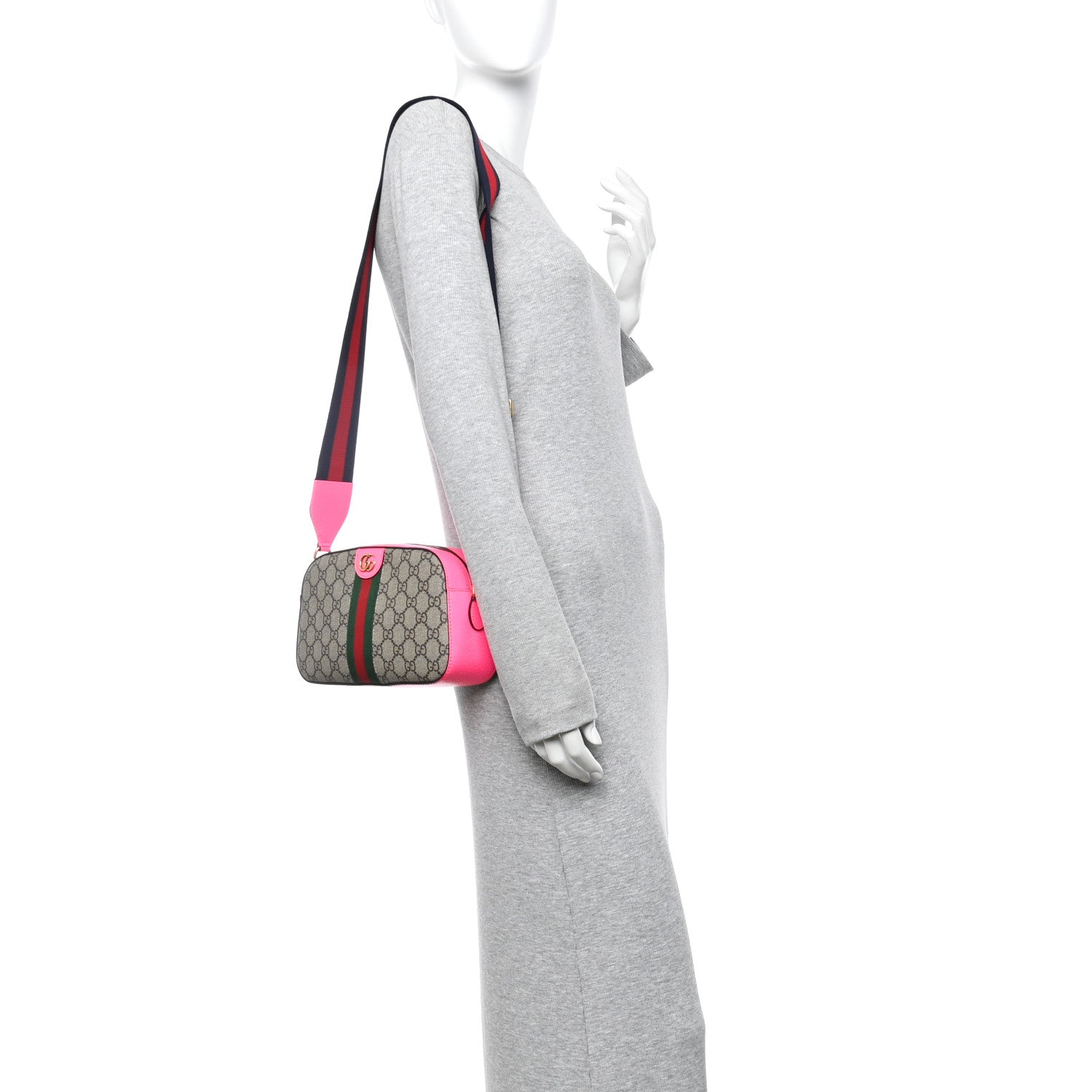GG Supreme Monogram Textured Dollar Calfskin Web Ophidia Small Crossbody Bag Beige Ebony Fuchsia