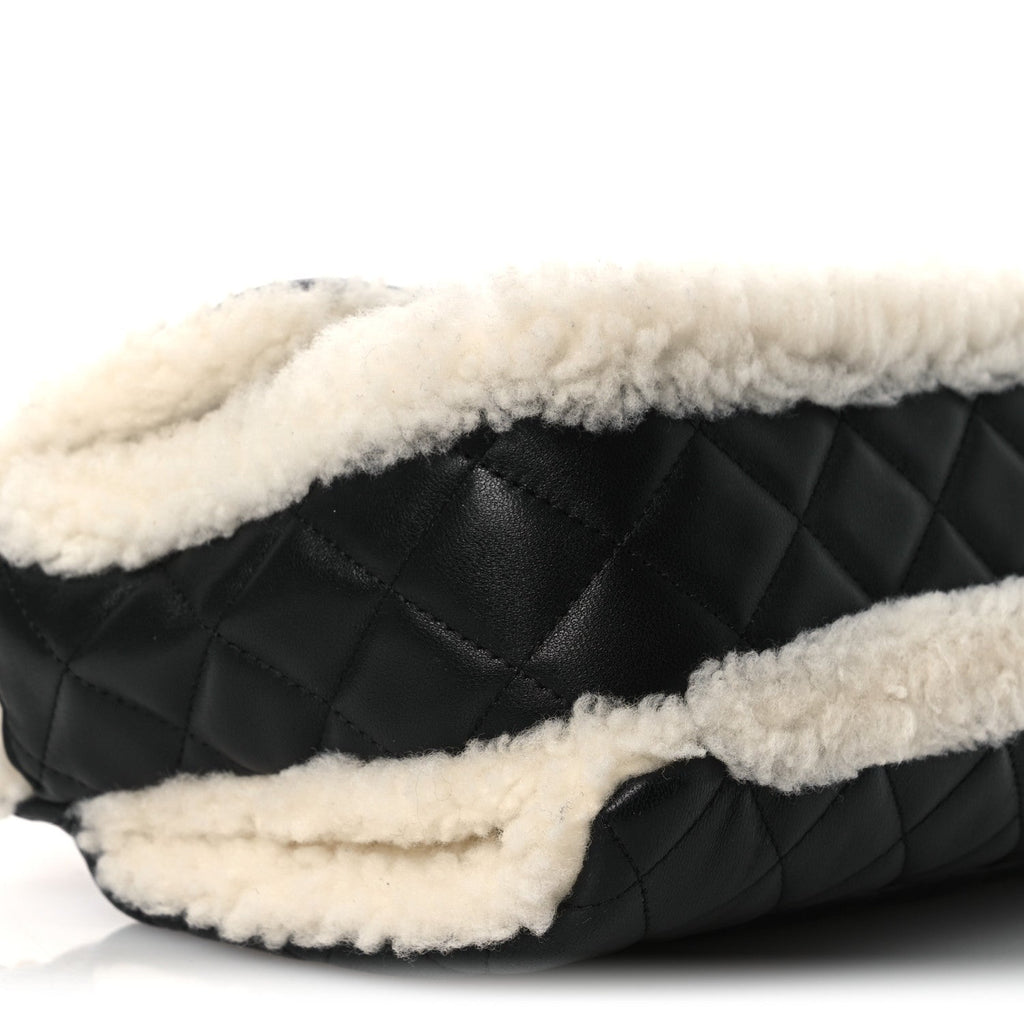 Lambskin Shearling Large CC Flap Bag Black White