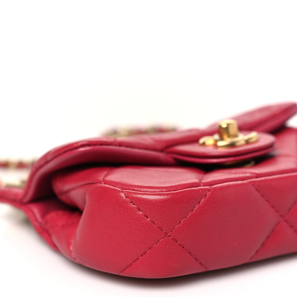 Calfskin Quilted Lady Handle Flap  Holder With Chain Dark Pink
