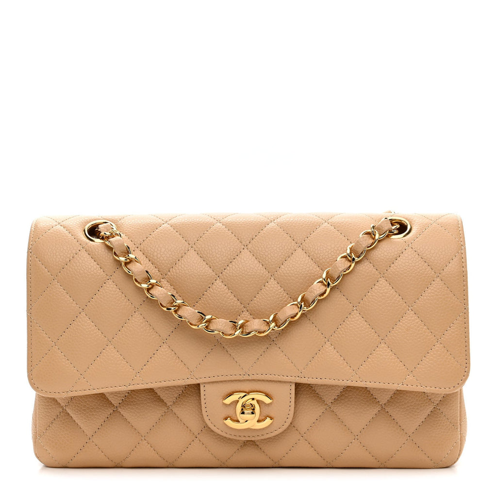 Caviar Quilted Medium Double Flap Beige