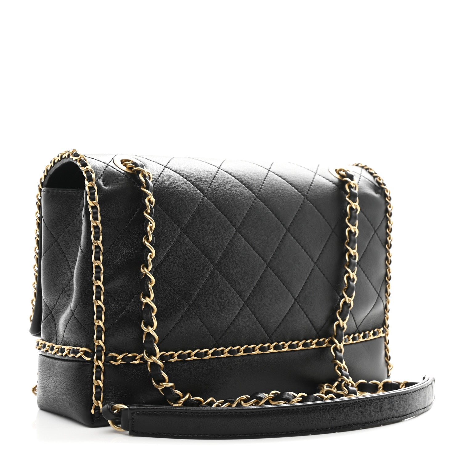 Calfskin Stitched Chain Flap Black