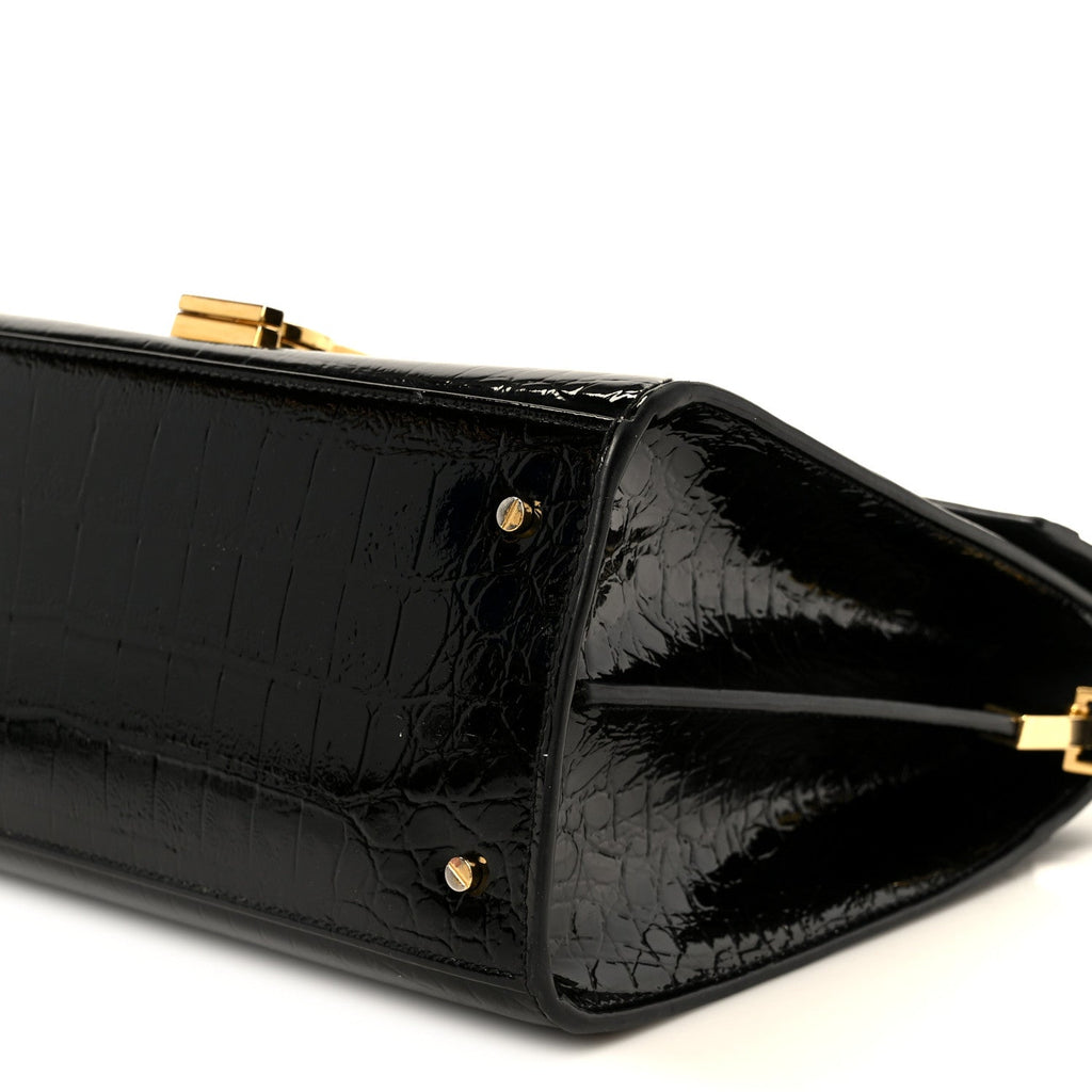 Calfskin Crocodile Embossed Medium Classic Monogram Cassandra Top Handle Black