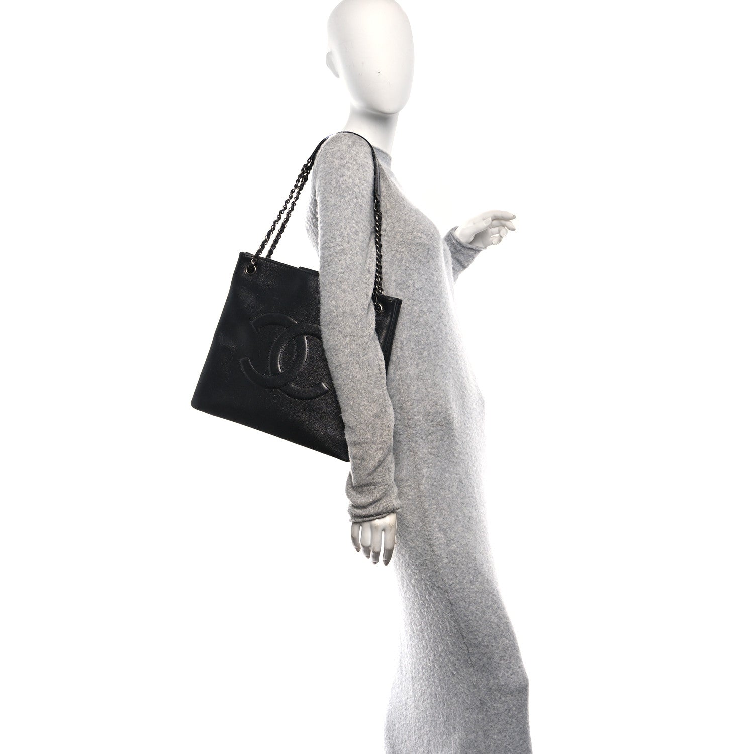 Iridescent Calfskin CC Large North South Shopping Tote Black
