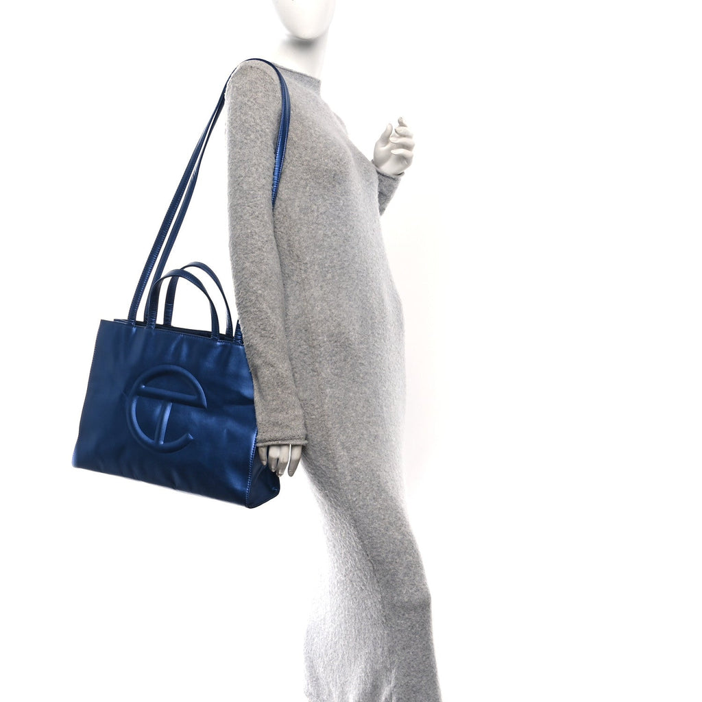 Metallic Vegan Leather Medium Shopping Bag Cobalt