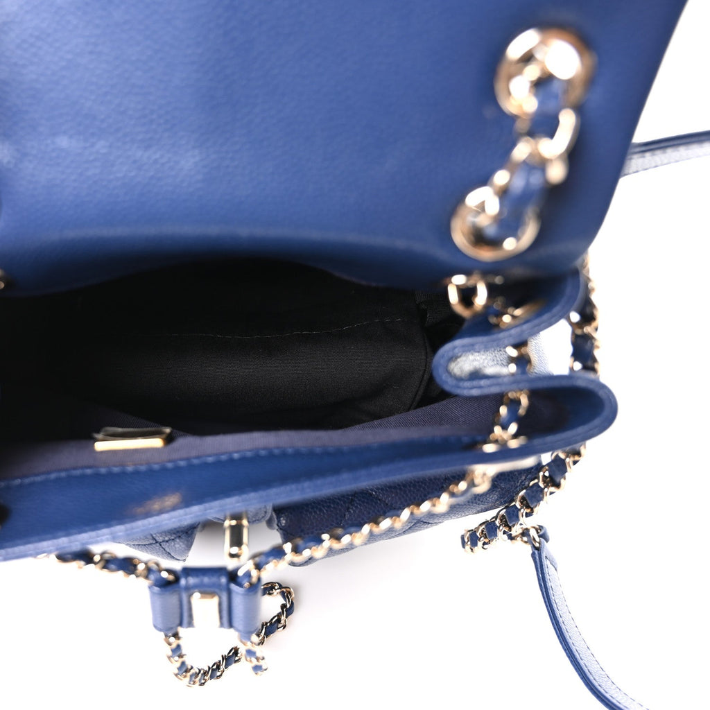 Shiny Caviar Quilted Medium Duma Pockets Drawstring Backpack Dark Blue