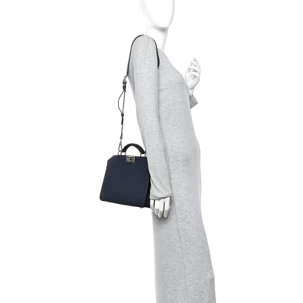 Cuoio Romano Vitello Cover Glazed Fabric Bi-Color FF 1974 Mini Peekaboo I SEE U Satchel Blue Dark Brown Tobacco Moro