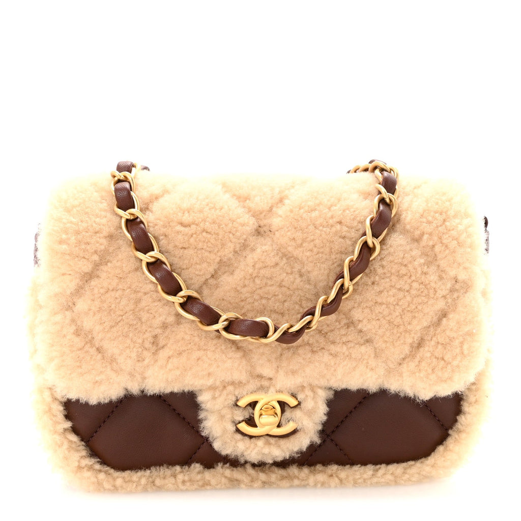 Shearling Lambskin Quilted Mini Furry Coco Flap Beige Dark Brown