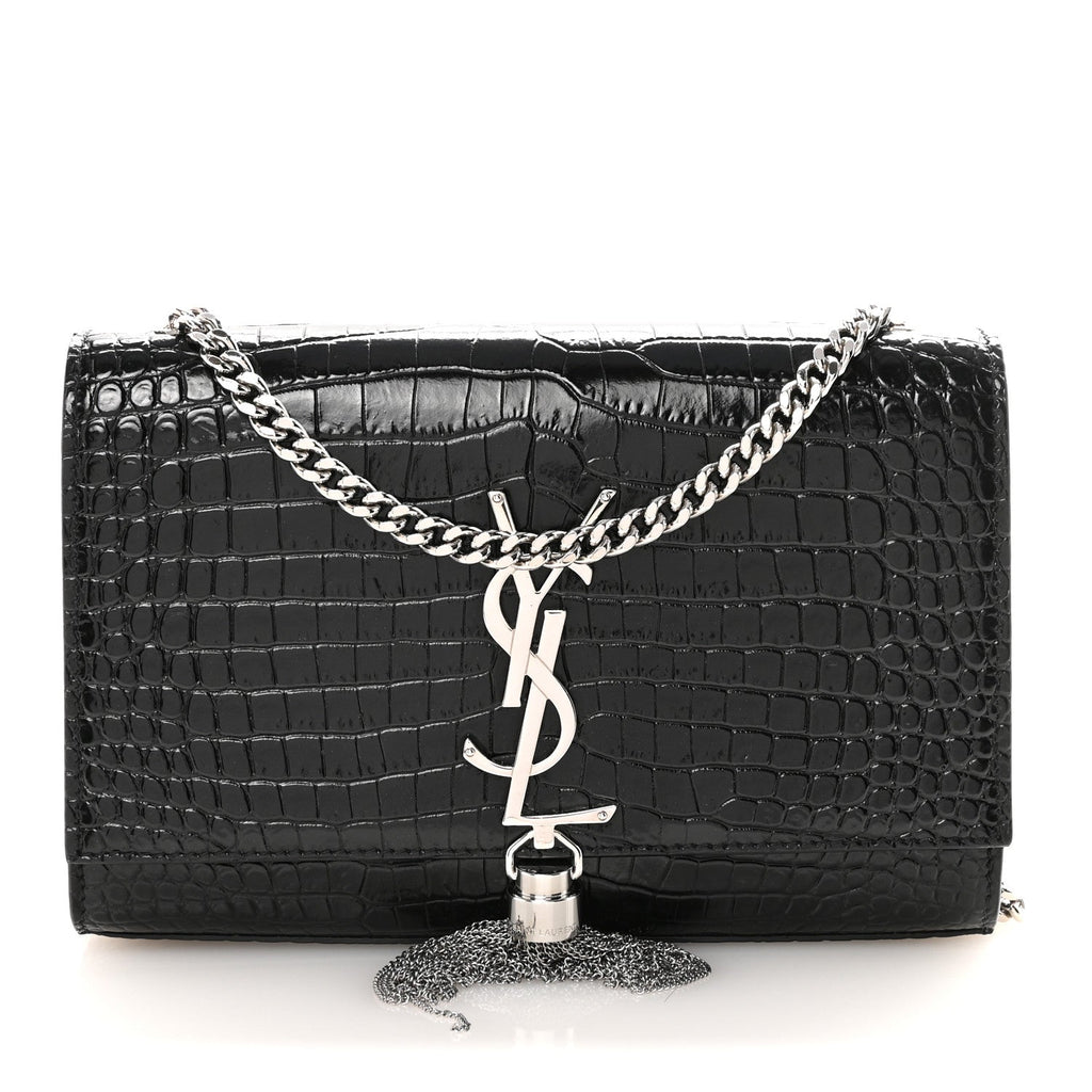 Calfskin Crocodile Embossed Small Classic Monogram Kate Tassel Satchel Black