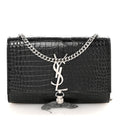Calfskin Crocodile Embossed Small Classic Monogram Kate Tassel Satchel Black