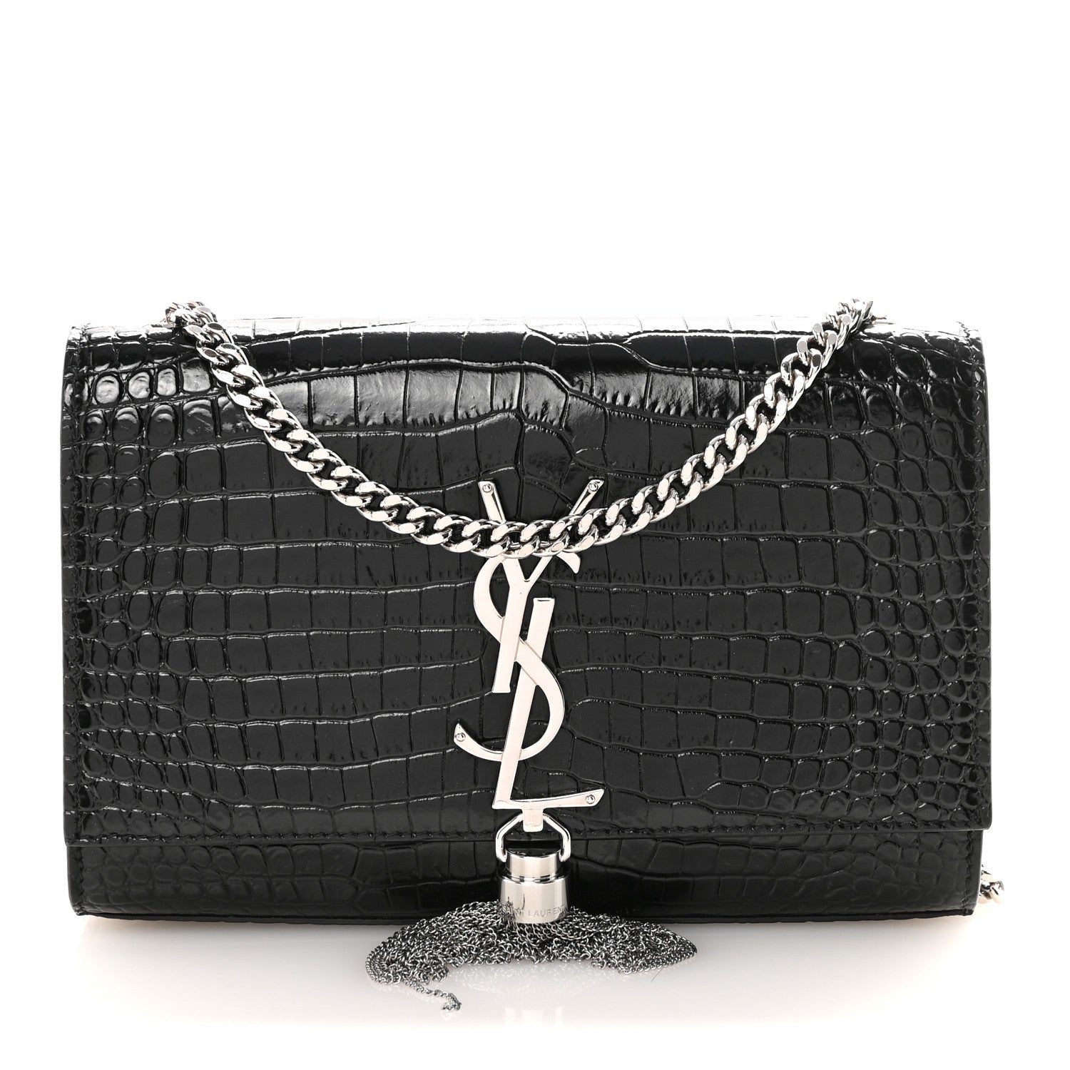 Calfskin Crocodile Embossed Small Classic Monogram Kate Tassel Satchel Black